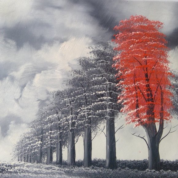 Oil Acrylic "Landscape of Trees" on Canvas Painting Shades of Gray and Red - Picture 2 of 15